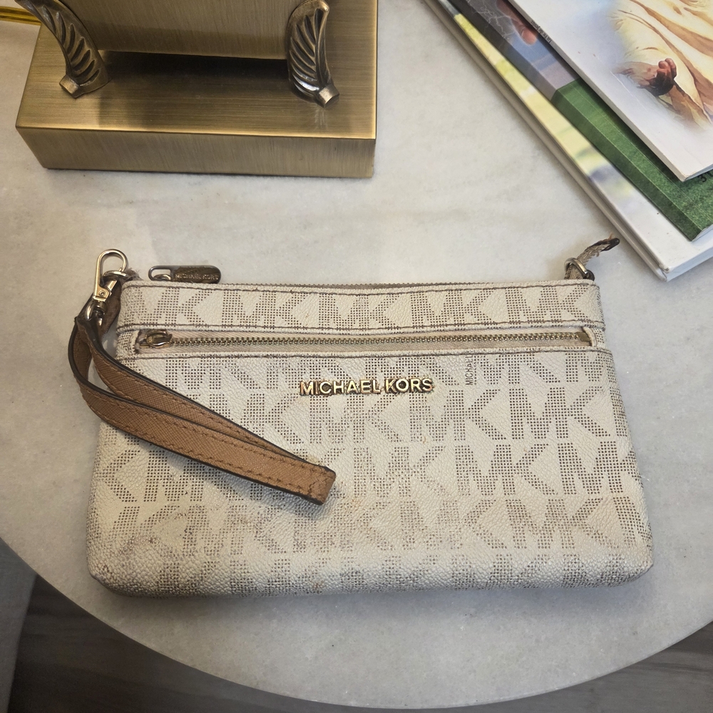 Michael Kors Cream and Tan Monogram Wristlet